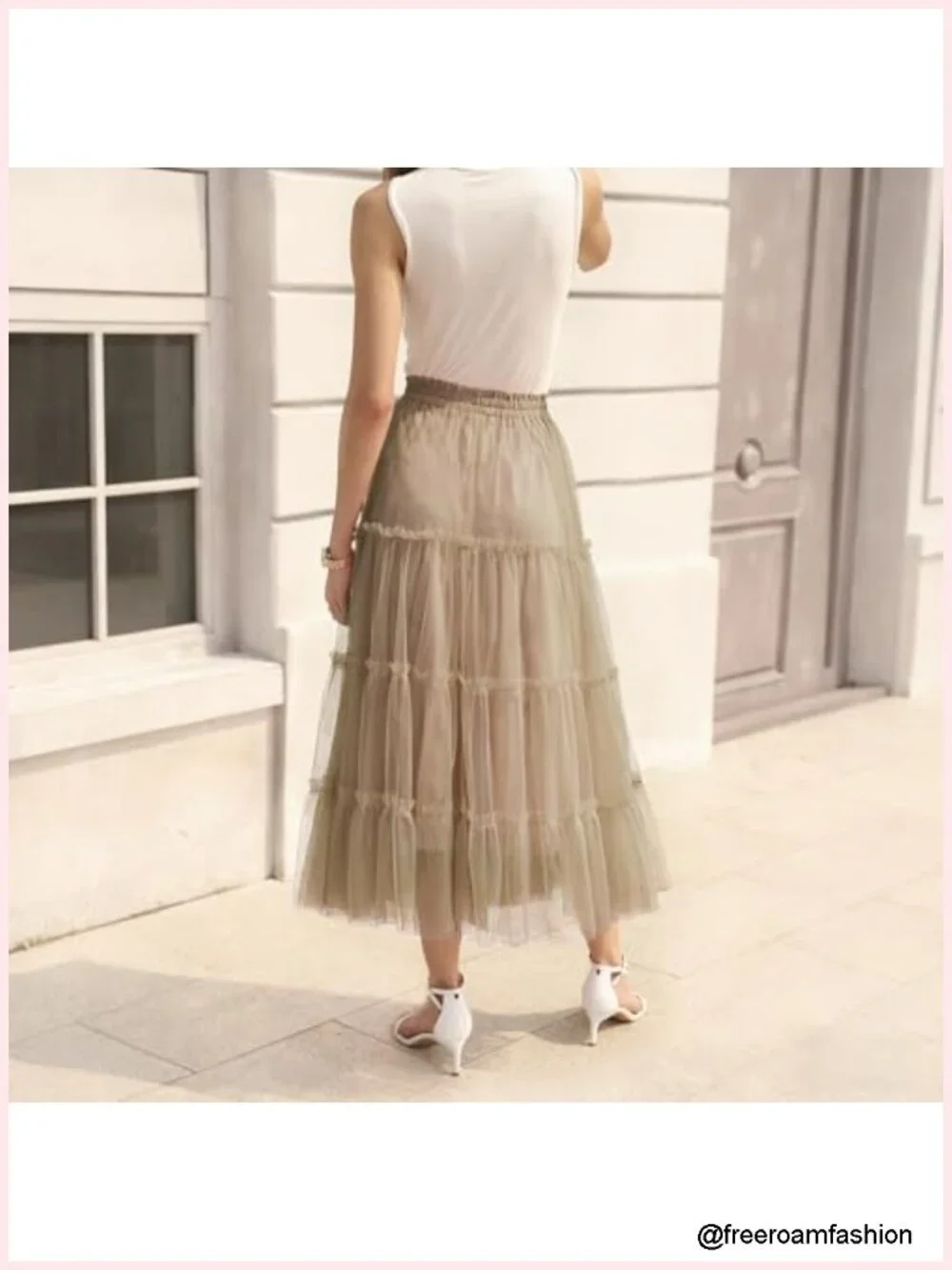Layered Tulle Midi Skirt A-Line Elastic Waist Tutu Skirt Fairy Ruffle